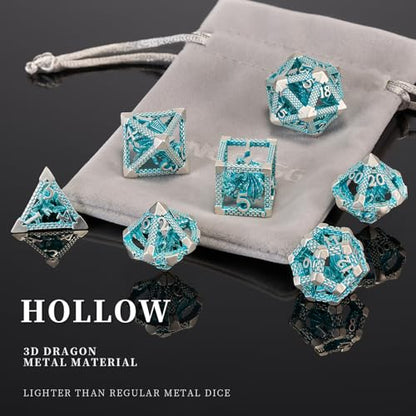 3D Hollow Dragon Dice Set, 7-Piece Metal DND Dice, Blue White | Lightweight copper hollow polyhedral dice with clear numbers,gift box and velvet bag for DND players and collectors. - color: Blue White Dragon
