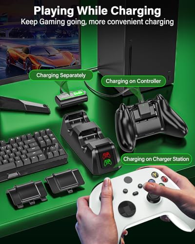 Rechargeable-Controller-Battery-Pack-for-Xbox One S/X/Elite/Xbox Series S|X | 2x4800mWh Battery with Charger for Xbox Wireless Controllers, Rechargeable Batteries for Xbox with Charging Station, 4 Covers