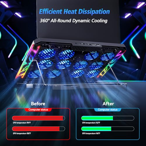 Laptop Cooling Pad with 12 Quiet Fans, Slim Portable for 12-17.3 Inch Laptop Cooler Stand with 5 Height Adjustable, Ergonomic Gaming Cooling Fan Pad with Two USB Ports & Phone Holder (Gear) - size: 12Fan-Gear