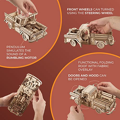 UGEARS Wooden 3D Puzzles for Adults - Pickup Lumberjack Model Car Kits 3D Puzzle Adult Crafts - Mechanical Wooden Model Kits for Adults Retro Chevrolet 3100 Inspired - style: Pickup Lumberjack