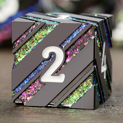 DNDND Colorful Stripe Metal Dice, Full Set Glitter Stripes Metallic DND Dice with Gift Metal Case for Dungeons and Dragons Tabletop Game (Colorful Stripes with Black) - color: Stripe Colorful With Black
