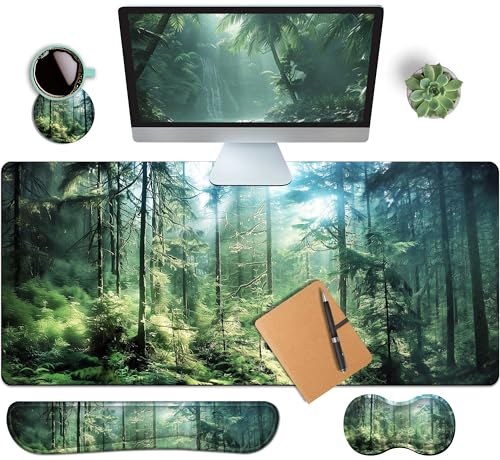 4-Piece Extended Large Mouse Pad Set for Women Men with Green Forest Design Includes 35.4 x 15.7 XXL Large Mouse Pad Keyboard Wrist Rest Mouse Wrist Support and Coaster for Office Home - color: Green Forest, size: Extra XXL -35.4"X15.7"