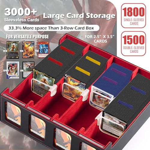 Ultra-Capacity 4-Row Trading MTG Card Storage Box with Display, Holds 3000+ Cards with Dividers & Card Holders, PU Leather Commander Deck Box for MTG, YuGiOh, TCG Deck Box, Sport Cards (Black / Red) - color: Black / Red