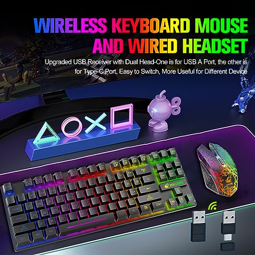 Wireless Membrane Gaming Keyboard and Mouse Set with 87Key Tenkeyless-Black | Rainbow LED Backlight,Rechargeable 3800mAh Battery,Anti-ghosting,Ergonomic,Waterproof,RGB Mute Mice for Computer PC Mac Gamer - color: Black