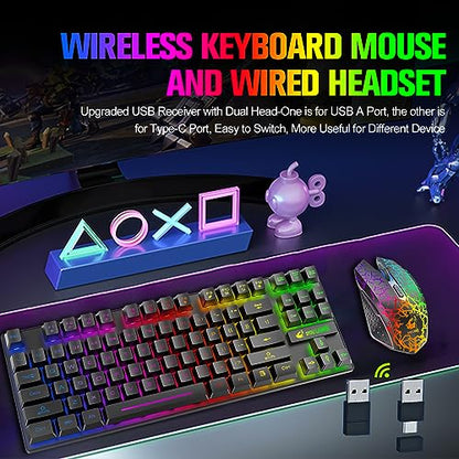 Wireless Membrane Gaming Keyboard and Mouse Set with 87Key Tenkeyless-Black | Rainbow LED Backlight,Rechargeable 3800mAh Battery,Anti-ghosting,Ergonomic,Waterproof,RGB Mute Mice for Computer PC Mac Gamer - color: Black