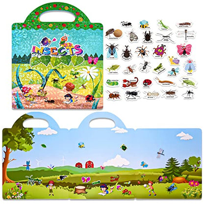 ASTARON Reusable Sticker Book for Toddlers, 88 Pcs Insect Stickers Road Trip Activities Car Airplane Activities Travel Toys for Kids, Kids Quiet Time Activities (2-6 Age) - style: Insects