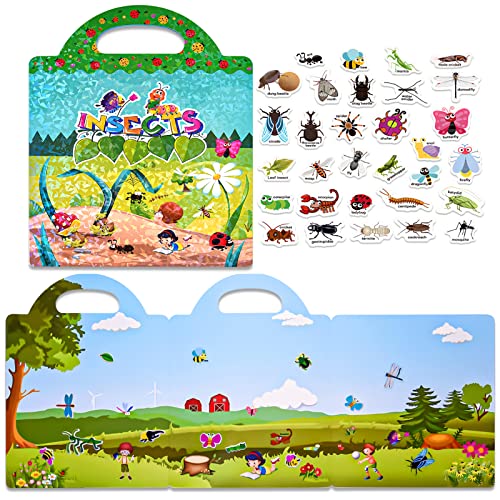 ASTARON Reusable Sticker Book for Toddlers, 88 Pcs Insect Stickers Road Trip Activities Car Airplane Activities Travel Toys for Kids, Kids Quiet Time Activities (2-6 Age) - style: Insects