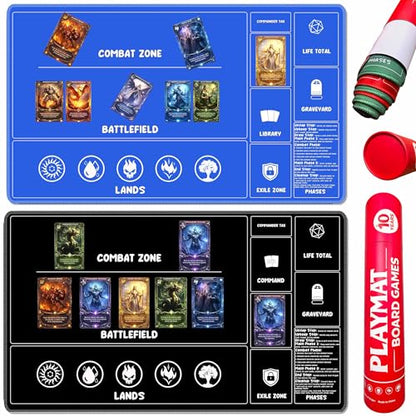 2 Pack MTG Playmat Set with Storage Tube Case – AiLiTeck Trading Card Game Playmat with Zones & Phase Guide for Beginner Casual Player Non-Slip Base for MTG Commander & TCG Play - Blue/Black - color: Blue+black
