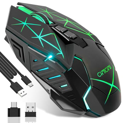 Rechargeable Wireless Gaming Mouse with Light Up, 3200 DPI for PC Computer | 7 Buttons, 4 Levels of DPI, Dynamic RGB LED, Side Buttons, 2.4G Wireless, Long Charging Wire Mouse for Laptop Desktop Win Mac