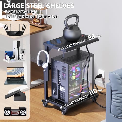 Computer Tower Stand with Power Outlet, 6 Level Height Ajustable PC Tower Stand for Floor, Mobile Rolling CPU Holder Cart for Gaming, Office, Home, 21.34"-28.3", Black - size: 1 power outlet