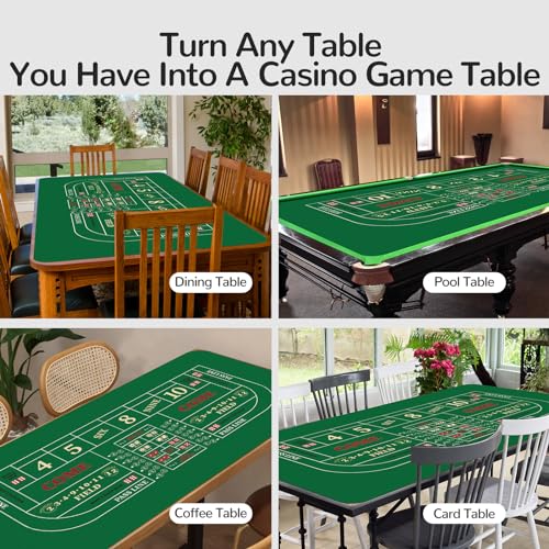 70 x 35 Inch Poker Mat for Table, Texas Hold'em Poker Table Top Mat with Carrying Bag, Waterproof Anti-Slip Rubber Blackjack Mat for Home Game Nights Up to 8 Players - color: Green-craps