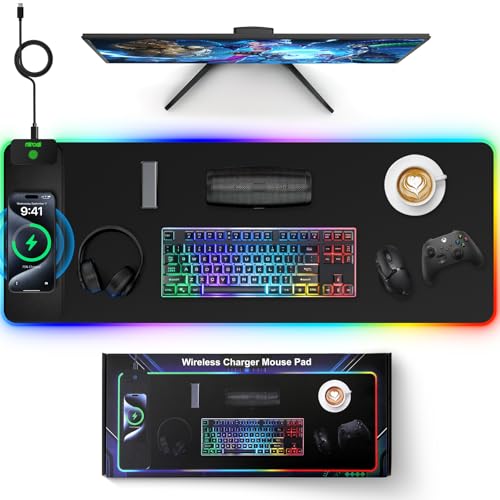 Magnetic Charging Mouse Pad, 31.5x11.81 Inch XL Gaming Mousepad, 11+5 RGB Lighting Modes, Home Office Large Desk Pad with Ultra-Smooth Surface, Non-Slip, Waterproof Keyboard Pad Classic Black Desk Mat - color: 31.5x11.81"-Black Left Upgraded Magnetic