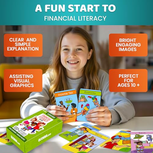 QUOKKA Financial Literacy Flash Cards for Teens – 110 Cards Teaching Kids About Money Management, Budgeting, Savings – Easy Money Games for Kids Ages 12+ – Fun Financial Literacy Games and Learning - color: Finance Flash Cards