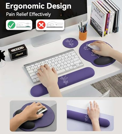 Mouse Pad with Keyboard Wrist Rest,Ergonomic Mouse Pad Wrist Support PU Base with Coaster,Mousepad with Nonslip Base for Computer Laptop Keyboard Home&Office - color: M-Black Plants