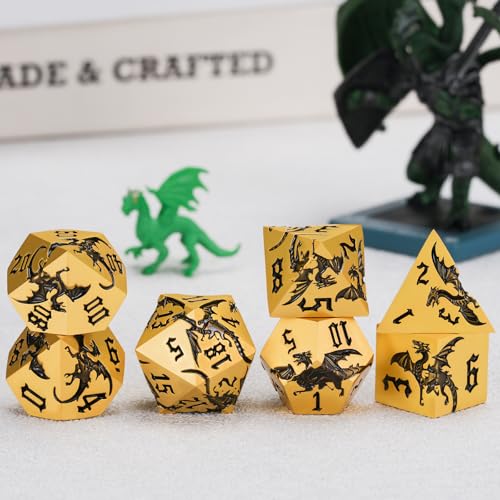 Metal DND Dragon Dice Set,D&D Polyhedral Dice with Dragon for Dungeons and Dragons RPG TTRPG D and D 7-Die Set with Gift Case Dragon-Pearl Gold Black - color: Dragon-pearl Gold Black