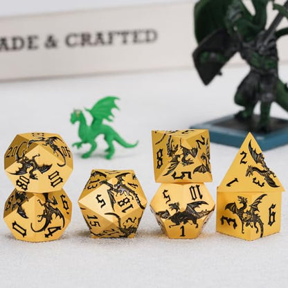 Metal DND Dragon Dice Set,D&D Polyhedral Dice with Dragon for Dungeons and Dragons RPG TTRPG D and D 7-Die Set with Gift Case Dragon-Pearl Gold Black - color: Dragon-pearl Gold Black