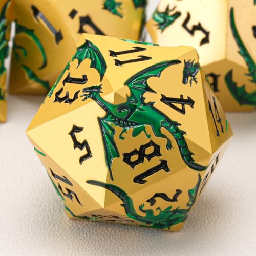 Metal DND Dragon Dice Set,D&D Polyhedral Dice with Dragon for Dungeons and Dragons RPG TTRPG D and D 7-Die Set with Gift Case Dragon-Pearl Gold Transparent Green - color: Dragon-pearl Gold Transparent Green
