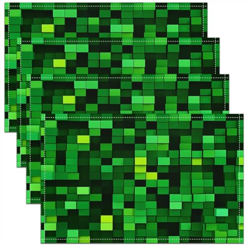 Pixelated Blocks Miners Kids Placemats Set of 4,Video Games Game Gamepad Table Place Mats,Geometric Grid Patchwork Kitchen Decor,Green Placemat Kitchen Table Decoration 12"x18" - color: A-green