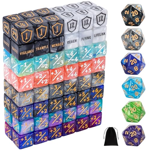102 Pieces MTG Dice Counters Set Bulk Ability Keyword Tokens Shield Life Counters 6 Sided Dice for Magic The Gathering TCG Card Gaming Accessories E - color: Color Combo E-more Counters Set