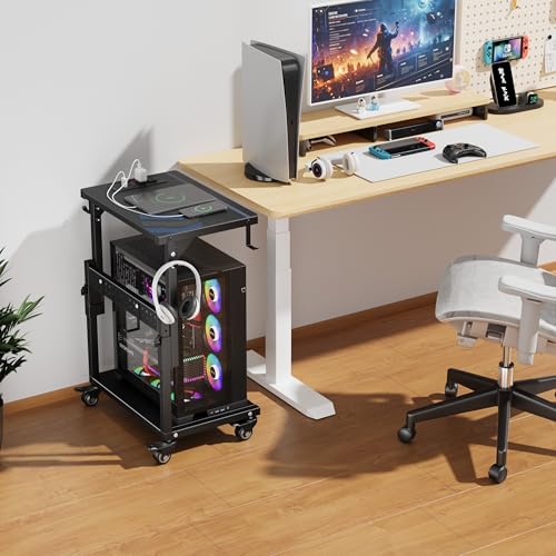 Computer Tower Stand with Power Outlet, 6 Level Height Ajustable PC Tower Stand for Floor, Mobile Rolling CPU Holder Cart for Gaming, Office, Home, 21.34"-28.3", Black - size: 1 power outlet