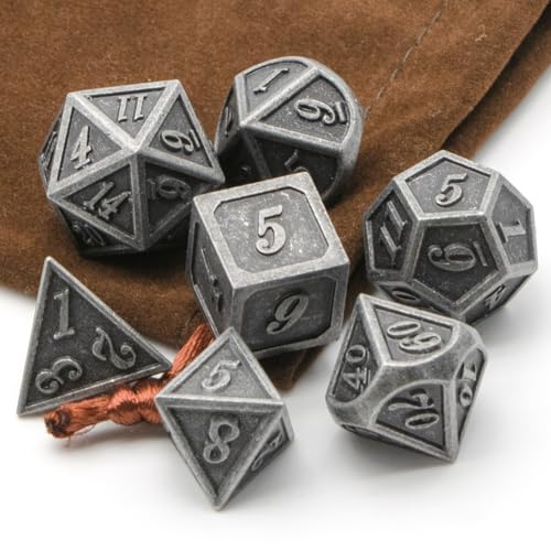 Metal Dice Set, HNCCESG Polyhedral D&D Dice for Dungeons and Dragons RPG DND Dice for Role Playing MTG Tabletop Gaming Shadowrun Pathfinder 7PCS D20 D12 D10 D8 D6 D4（Ancient Silver） - color: Ancient Silver
