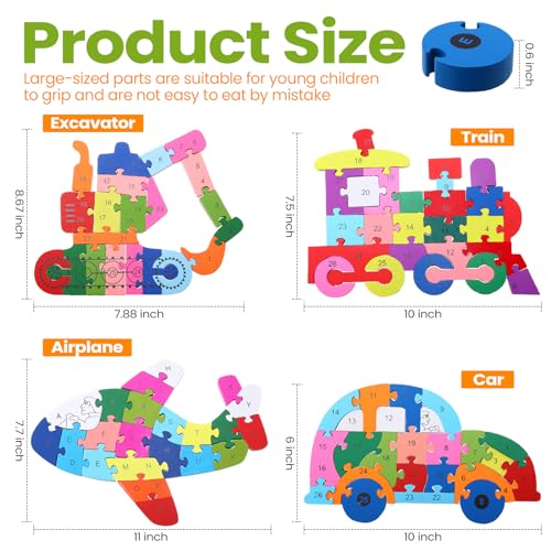 Yunsailing 4 Pcs Wooden Animal Puzzles for Kids, Double Sided Snake Jigsaw with Alphabet & Numbers for Preschool Toddler Learning Educational Activities(Transportation) - style: Transportation
