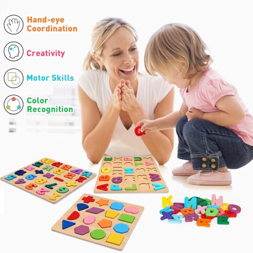 Attmu Wooden Puzzles for Toddlers, 3 Pcs Alphabet Puzzle ABC Shape Number Puzzle, Learning Toys for Kids, Preschool Educational Activities Toddler Gift Toys for Girls Boys Christmas Valentines Easter - size: 3 PCS