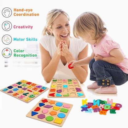 Attmu Wooden Puzzles for Toddlers, 3 Pcs Alphabet Puzzle ABC Shape Number Puzzle, Learning Toys for Kids, Preschool Educational Activities Toddler Gift Toys for Girls Boys Christmas Valentines Easter - size: 3 PCS