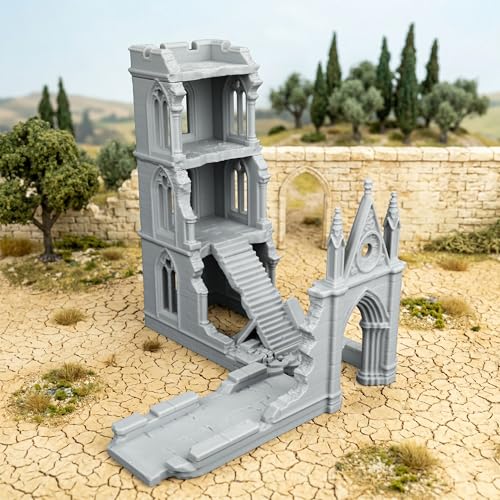 AUSPDICE DND Terrain 25mm Gothic Sanctuary Ruins, TTRPG Building Set | 1:64 Scale Unpainted Multi-Level DND Building with Stairs and Arches for Dungeons and Dragons, TTRPGs and Wargames - AF1161