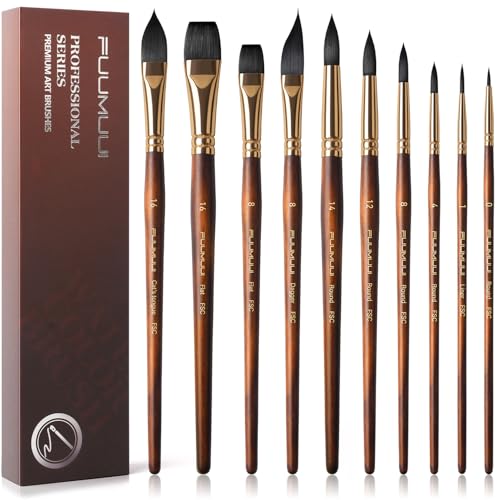 Watercolor Brushes Professional, Fuumuui 10Pcs Synthetic Squirrel Hair Water Color Paint Brush Set for Artists - Flat, Round Pointed, Dagger, Cats Tongue Oval Wash for Watercolor Gouache Inks Painting - color: Brown