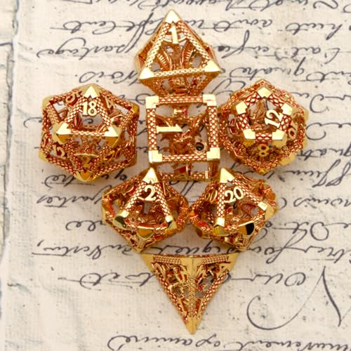 3D Hollow Dragon Dice Set, 7-Piece Metal DND Dice,Gold red | Lightweight copper hollow polyhedral dice with clear numbers, gift box and velvet bag for DND players and collectors. - color: Gold Red