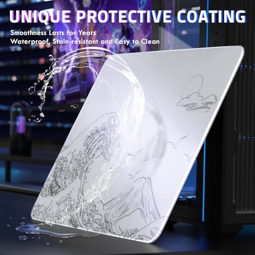 Attack Shark CM05SE Glass Gaming Mousepad,Nano-Micro-Etched Texture,Smooth Glass Surface,High Accuracy,Fast-Moving,Anti-Scratch, PU Leather Super Non-Slip Base,Small Size(16.1×12.2"),White Waves - color: White waves, size: 16.1L x 12.2W inches