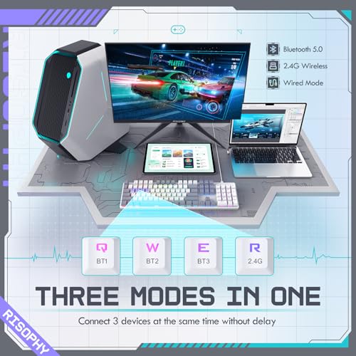 Wireless Mechanical Keyboard, Triple Mode 2.4G/USB-C/Bluetooth Gaming Keyboard, 104 Keys Programmable, Customize RGB Backlit, Red Switch, Bicolor PBT Keycaps, Rechargeable Wired Keyboard for Laptop PC - color: White