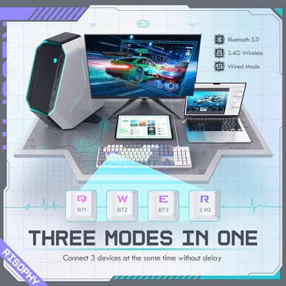 Wireless Mechanical Keyboard, Triple Mode 2.4G/USB-C/Bluetooth Gaming Keyboard, 104 Keys Programmable, Customize RGB Backlit, Red Switch, Bicolor PBT Keycaps, Rechargeable Wired Keyboard for Laptop PC - color: White