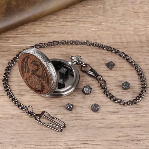 Mini DND Dice Set Wooden Dragon Engraved Pocket Watch Shell Case, 7pcs Polyhedral Metal D&D Dice Set, DND Gifts with Gift Box, Role Playing Board Games Accessories, Silver