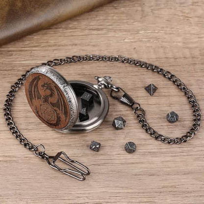 Mini DND Dice Set Wooden Dragon Engraved Pocket Watch Shell Case, 7pcs Polyhedral Metal D&D Dice Set, DND Gifts with Gift Box, Role Playing Board Games Accessories, Silver
