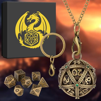 Mini DND Dice Set with Spherical Hollow D20 Metal Case Portable Keychain Necklace, Tiny 7pcs Polyhedral D&D Dice Set, DND Gifts with Gift Box, D&D Accessories for RPG（Green Diamond, Bronze） - color: Bronze