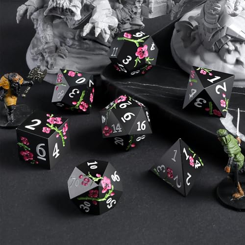Metal Dice Set D&D, DNDND 7 PCS Flower Metallic DND Dice Set with Grogeous Gift Case for Dungeons and Dragon Tabletop Game (Matte Black with Pink Flower) - color: Flower Black