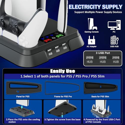 PS5 Cooling Station and PS5 Stand with Controller Charging Station for PlayStation 5 Console, Controller Charger, Cooling Stand, PS5/Slim/Pro Accessories Kit with 3 Level Cooler Fan - color: black