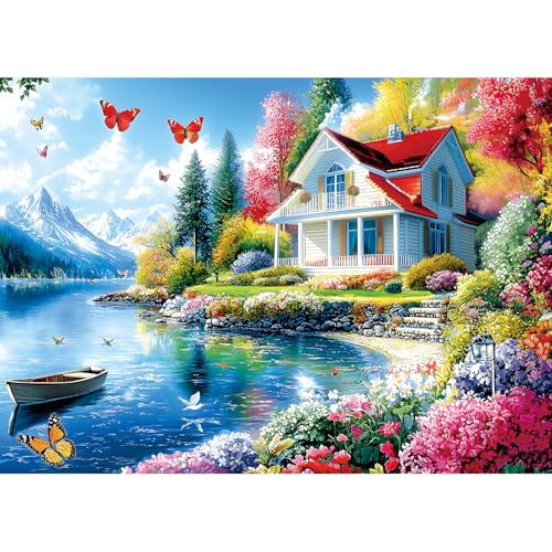 Puzzles for Adults 1000 Pieces, Lakeside Villa Landscape Puzzles | Impossible Hard Difficult Challenging Jigsaw Puzzles for Adults with Letter, Dust Free for Family Games Gift (27.5" x 19.7") - color: Colorful - Lakeside Villa