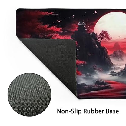Black Red Japanese Mouse Pad XXL Moon Sakura Cherry BLoosm Tree Extended Table Mat 90X40 cm Non-Slip Rubber Base Stitched Edge Large Mousepad for Gaming Laptop Computer Desk Top 35.4×15.7 Inch - color: Black Red Japanese-a, size: 35.4 x 15.7 inches