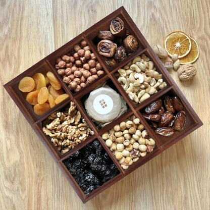FUNSUEI 3 PCS Multi Compartment Wooden Tray, Grid Display Bamboo Serving Tray with 9 Sections, Wood Drawer Organizer Divided Snack Storage Box for Jewelry, Card Sorting, 13x13x2 Inch Dark Brown - size: 3 PCS 9 Sections