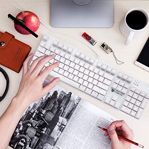 Merdia Hot Swappable 104 Keys Full Size Mechanical PC Gaming Keyboard | Blue Switch White Mechanical Wired Computer Keyboards | LED Backlit 104 Keys US Layout Light Up Wired Gaming Keyboard - color: Blue Switch White