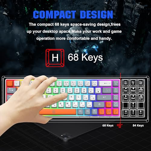 Snpurdiri 60% Percent Gaming Keyboard (68 Keys, White-Grey-Orange) | Ergonomic Compact RGB Backlit Small Gaming Keyboard for Windows, PC, Laptop - color: White Grey Orange