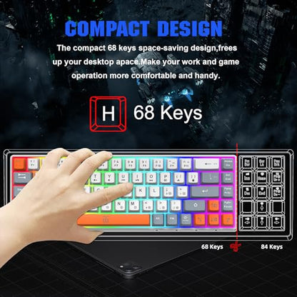 Snpurdiri 60% Percent Gaming Keyboard (68 Keys, White-Grey-Orange) | Ergonomic Compact RGB Backlit Small Gaming Keyboard for Windows, PC, Laptop - color: White Grey Orange