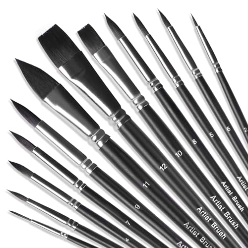 Watercolor Paint Brush Set,12Pcs Professional Paint Brushes for Acrylic Painting,Soft Synthetic Fine Hair Oil Paint Brushes,Flat,Round, Cat's Tongue,Liner for Detail Painting and Art Painting