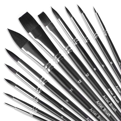 Watercolor Paint Brush Set,12Pcs Professional Paint Brushes for Acrylic Painting,Soft Synthetic Fine Hair Oil Paint Brushes,Flat,Round, Cat's Tongue,Liner for Detail Painting and Art Painting