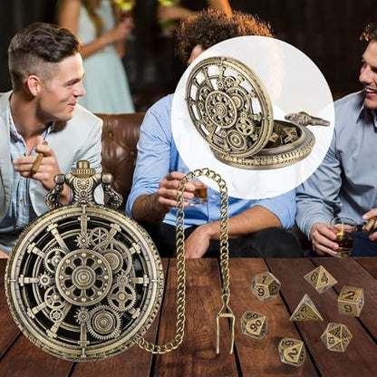 Bronze Hollow Gear Pocket Watch Shell Case with 7pcs Polyhedral Metal Dice, Steampunk Mini DND Dice Set, Table Top Game RPG Accessories, DND Starter Set, D&D Gifts with Leather Bag, Gift for Gamer - color: Bronze