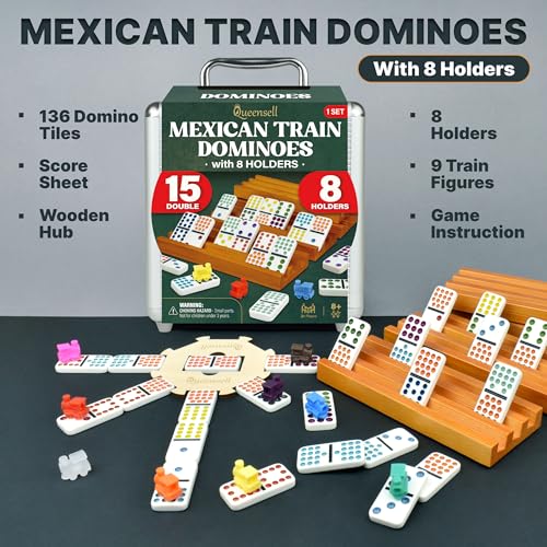 Queensell Mexican Train Dominoes Set Double 15 with 8 Holders - Wooden Hub and Tiles Holders - Double 15 with Dots (D15 + 8 Holders) - style: D15 + 8 Holders