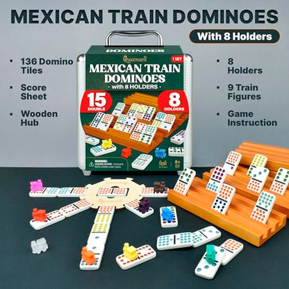 Queensell Mexican Train Dominoes Set Double 15 with 8 Holders - Wooden Hub and Tiles Holders - Double 15 with Dots (D15 + 8 Holders) - style: D15 + 8 Holders